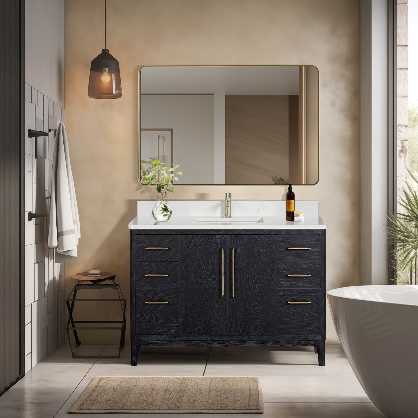 Vinnova, Gara 48" Free-standing Single Bath Vanity in Fir Wood Black with White Grain Composite Stone Top