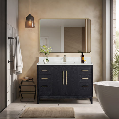 Vinnova, Gara 48" Free-standing Single Bath Vanity in Fir Wood Black with White Grain Composite Stone Top