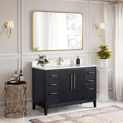 Vinnova, Gara 48" Free-standing Single Bath Vanity in Fir Wood Black with White Grain Composite Stone Top