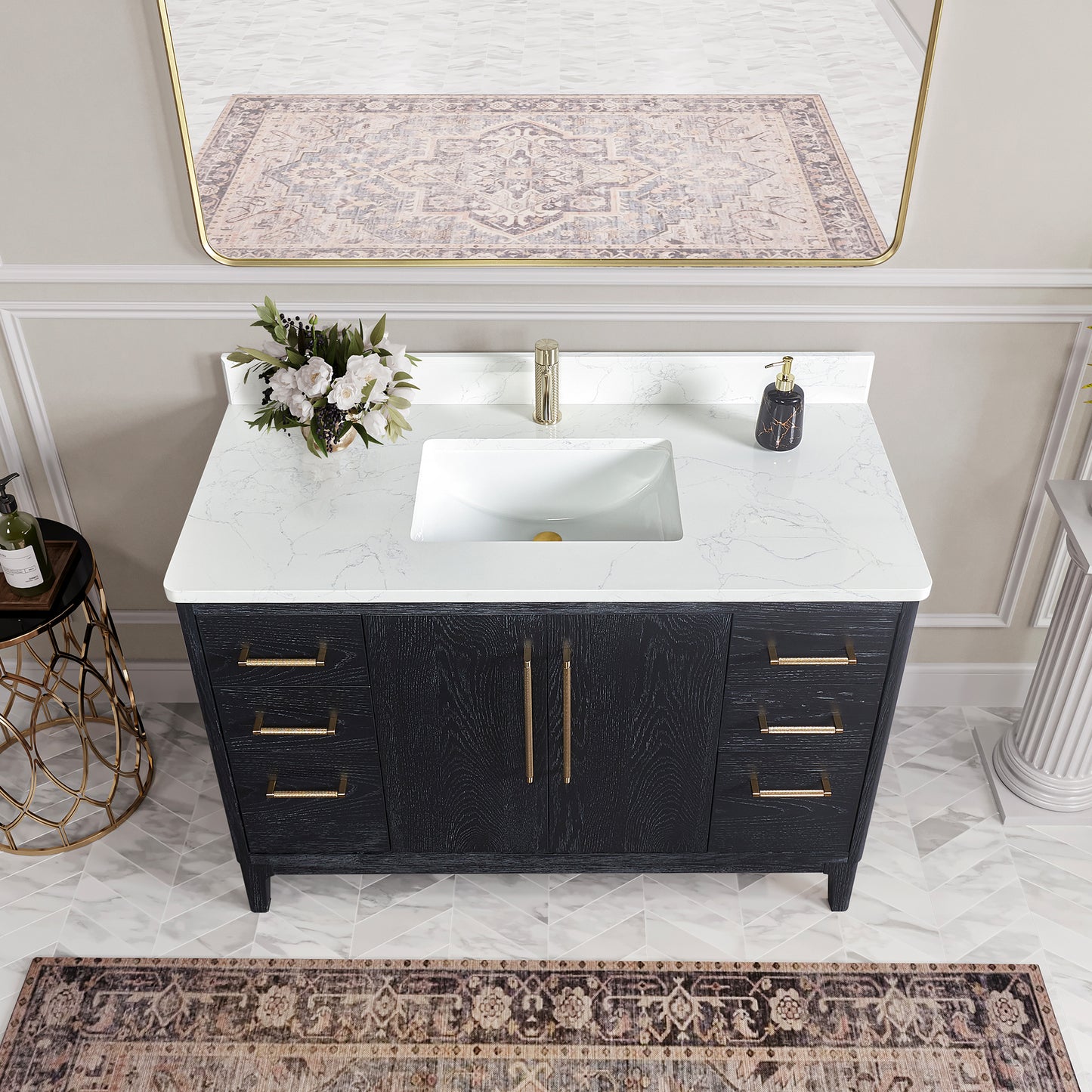 Vinnova, Gara 48" Free-standing Single Bath Vanity in Fir Wood Black with White Grain Composite Stone Top