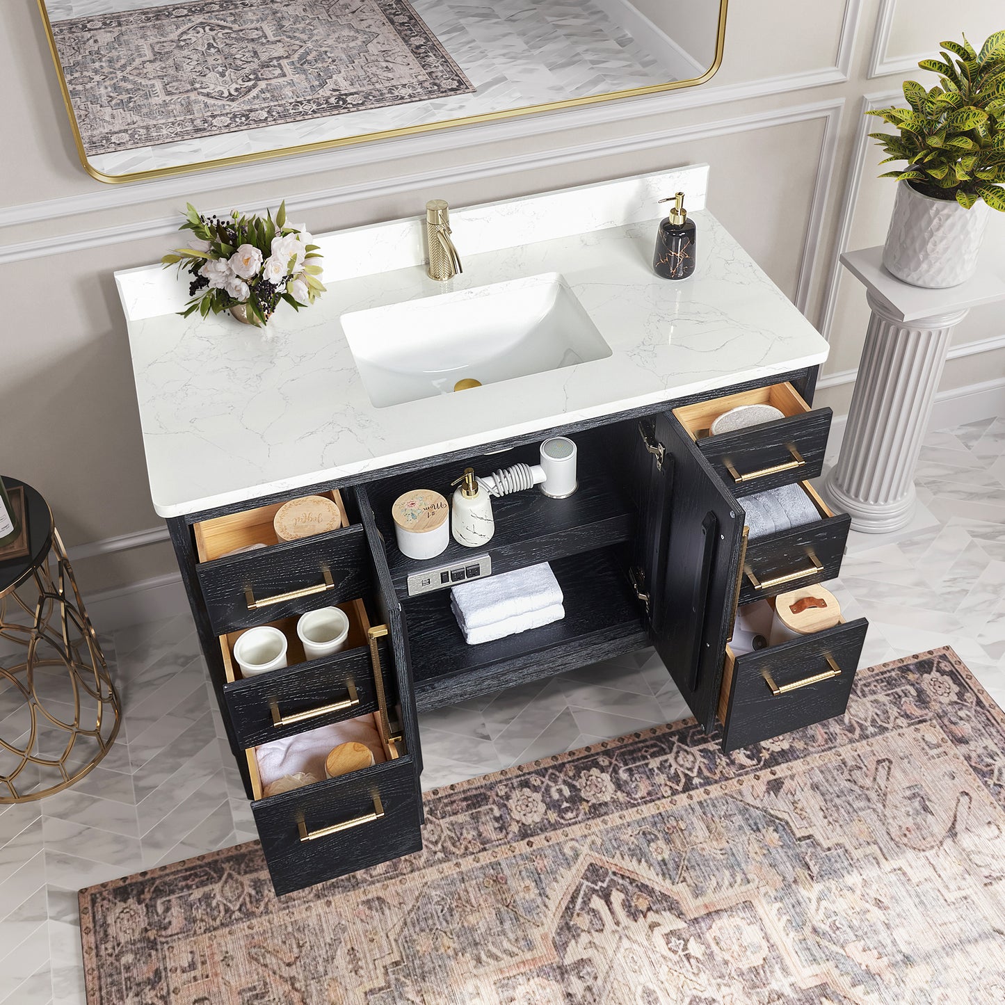 Vinnova, Gara 48" Free-standing Single Bath Vanity in Fir Wood Black with White Grain Composite Stone Top