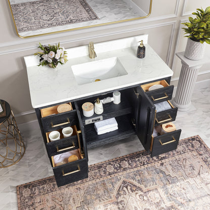 Vinnova, Gara 48" Free-standing Single Bath Vanity in Fir Wood Black with White Grain Composite Stone Top