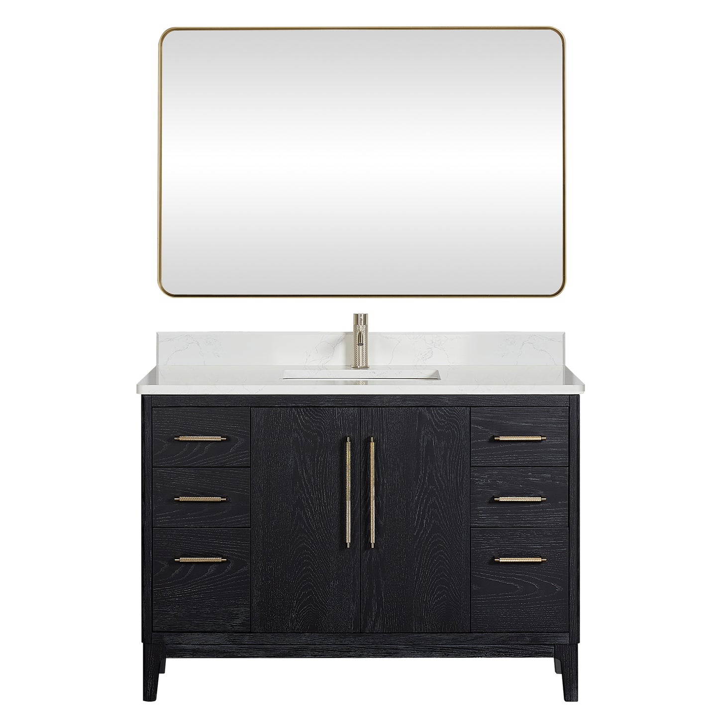 Vinnova, Gara 48" Free-standing Single Bath Vanity in Fir Wood Black with White Grain Composite Stone Top and Mirror