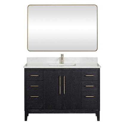 Vinnova, Gara 48" Free-standing Single Bath Vanity in Fir Wood Black with White Grain Composite Stone Top and Mirror