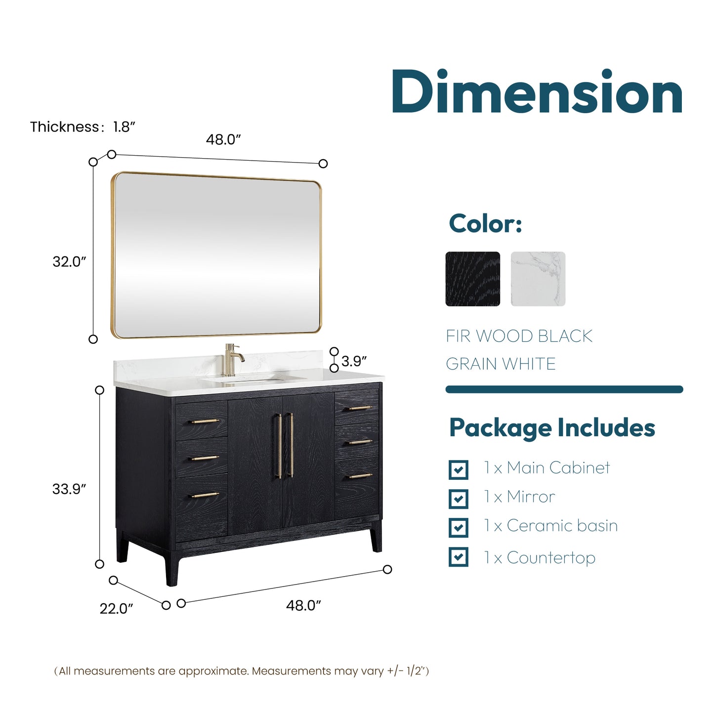 Vinnova, Gara 48" Free-standing Single Bath Vanity in Fir Wood Black with White Grain Composite Stone Top and Mirror