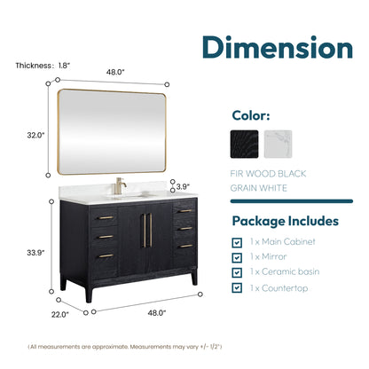 Vinnova, Gara 48" Free-standing Single Bath Vanity in Fir Wood Black with White Grain Composite Stone Top and Mirror