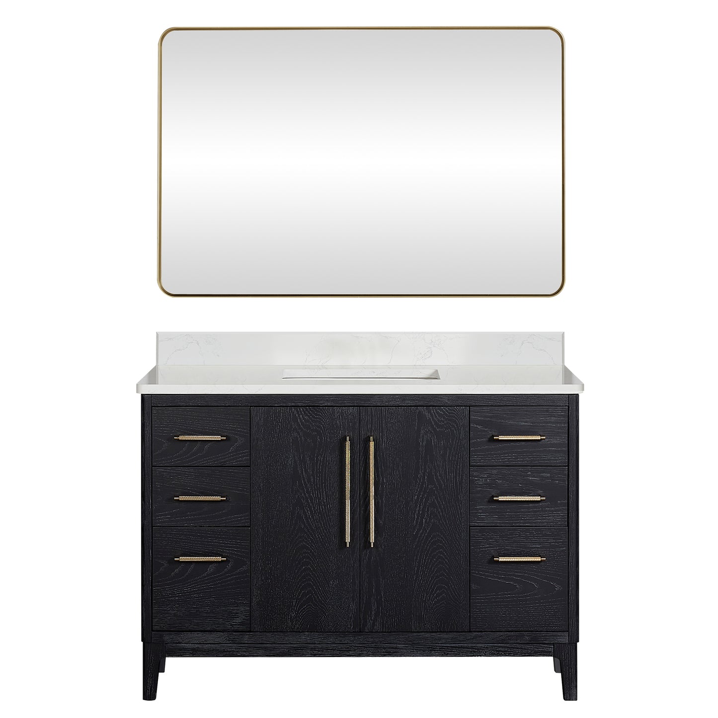 Vinnova, Gara 48" Free-standing Single Bath Vanity in Fir Wood Black with White Grain Composite Stone Top and Mirror