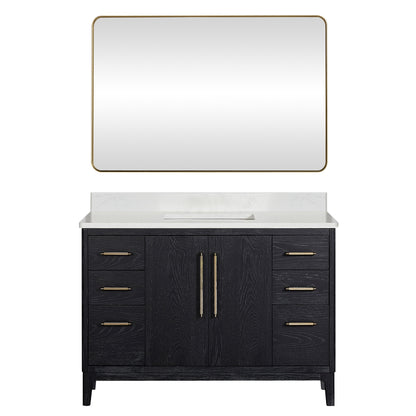 Vinnova, Gara 48" Free-standing Single Bath Vanity in Fir Wood Black with White Grain Composite Stone Top and Mirror