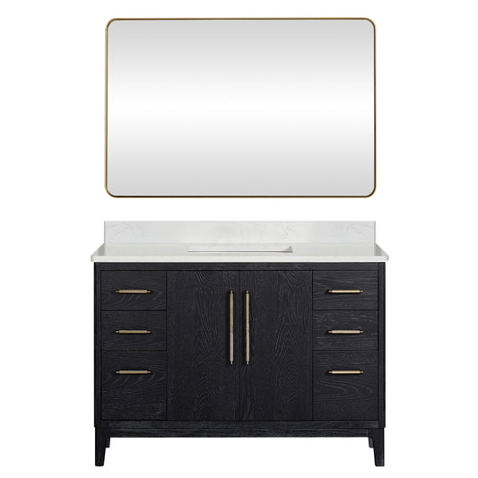 Vinnova, Gara 48" Free-standing Single Bath Vanity in Fir Wood Black with White Grain Composite Stone Top and Mirror