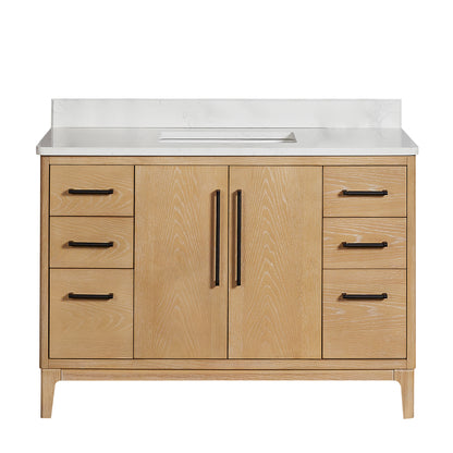 Vinnova, Gara 48" Free-standing Single Bath Vanity in Washed Ash Grey with White Grain Composite Stone Top