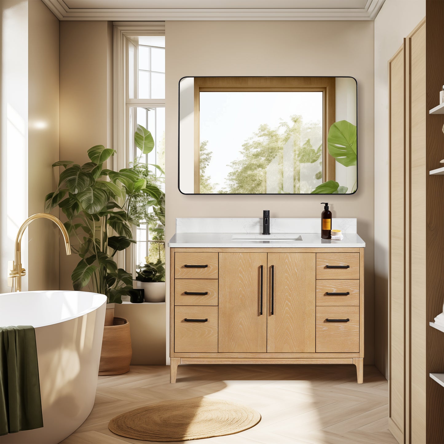 Vinnova, Gara 48" Free-standing Single Bath Vanity in Washed Ash Grey with White Grain Composite Stone Top and Mirror