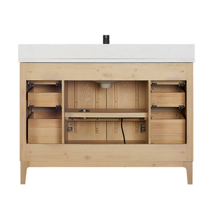 Vinnova, Gara 48" Free-standing Single Bath Vanity in Washed Ash Grey with White Grain Composite Stone Top and Mirror