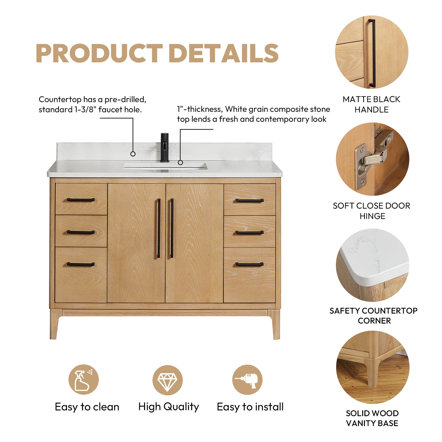 Vinnova, Gara 48" Free-standing Single Bath Vanity in Washed Ash Grey with White Grain Composite Stone Top and Mirror