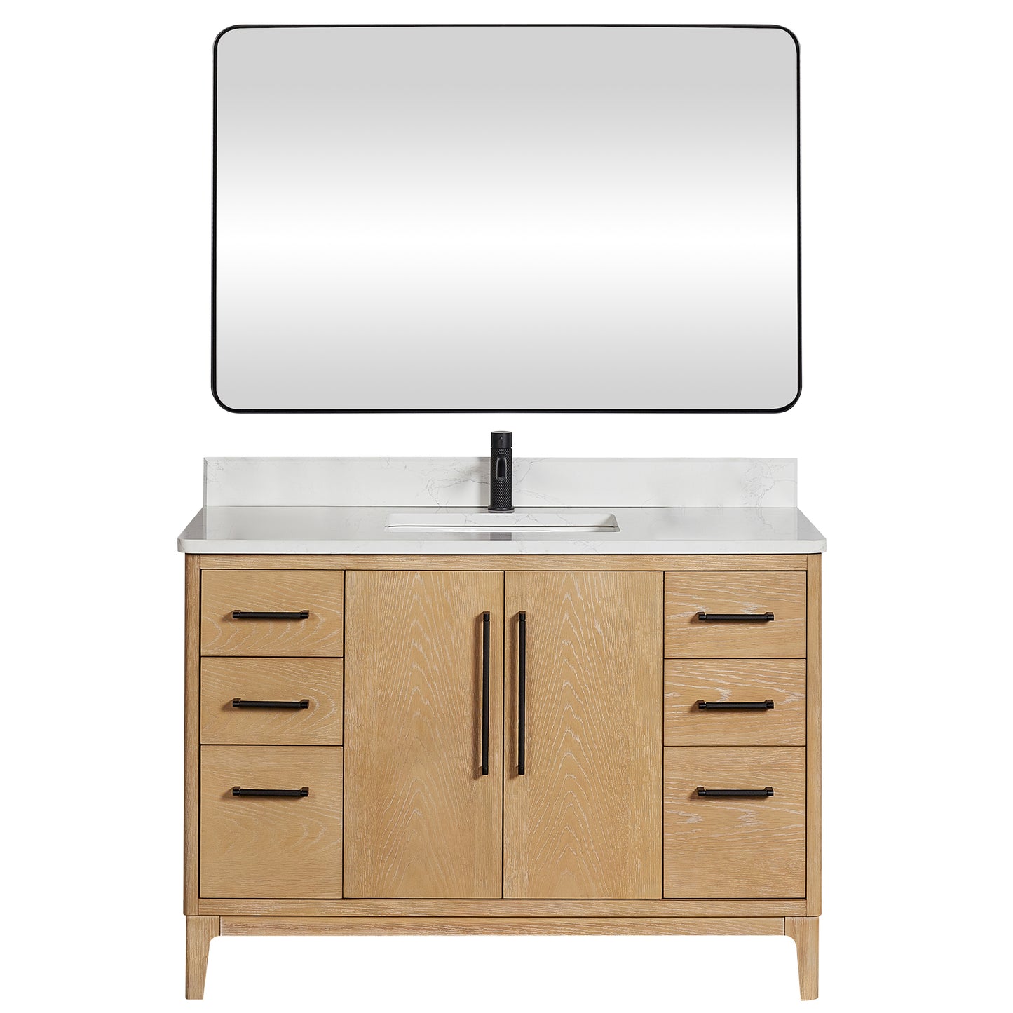 Vinnova, Gara 48" Free-standing Single Bath Vanity in Washed Ash Grey with White Grain Composite Stone Top and Mirror