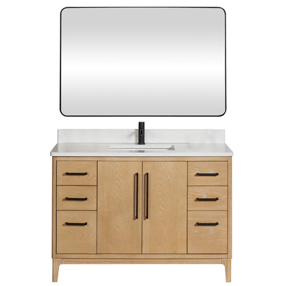 Vinnova, Gara 48" Free-standing Single Bath Vanity in Washed Ash Grey with White Grain Composite Stone Top and Mirror
