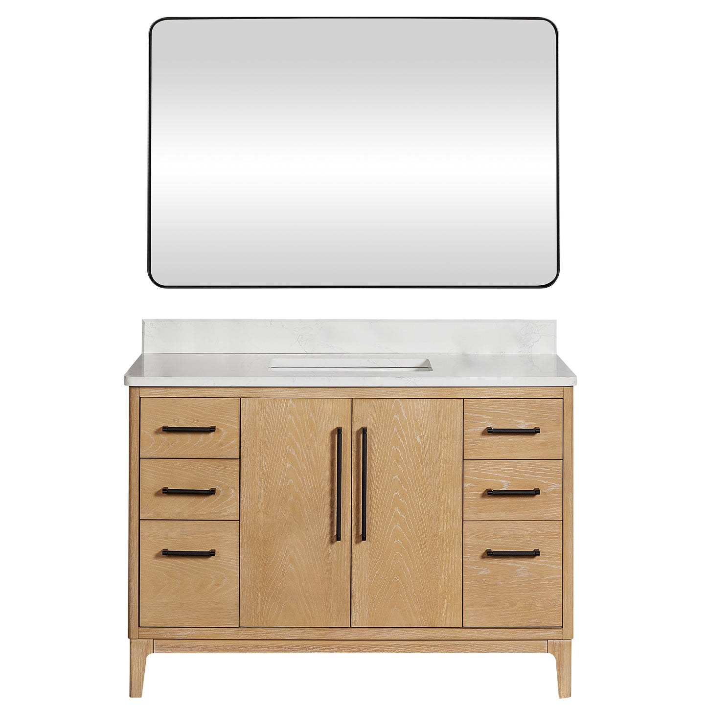 Vinnova, Gara 48" Free-standing Single Bath Vanity in Washed Ash Grey with White Grain Composite Stone Top and Mirror