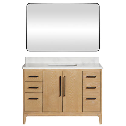 Vinnova, Gara 48" Free-standing Single Bath Vanity in Washed Ash Grey with White Grain Composite Stone Top and Mirror