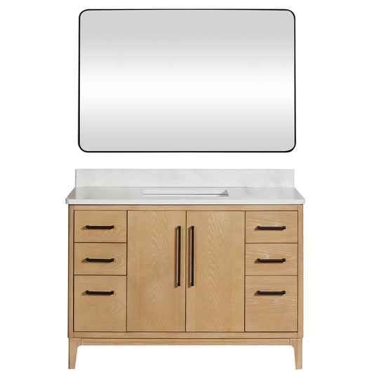 Vinnova, Gara 48" Free-standing Single Bath Vanity in Washed Ash Grey with White Grain Composite Stone Top and Mirror