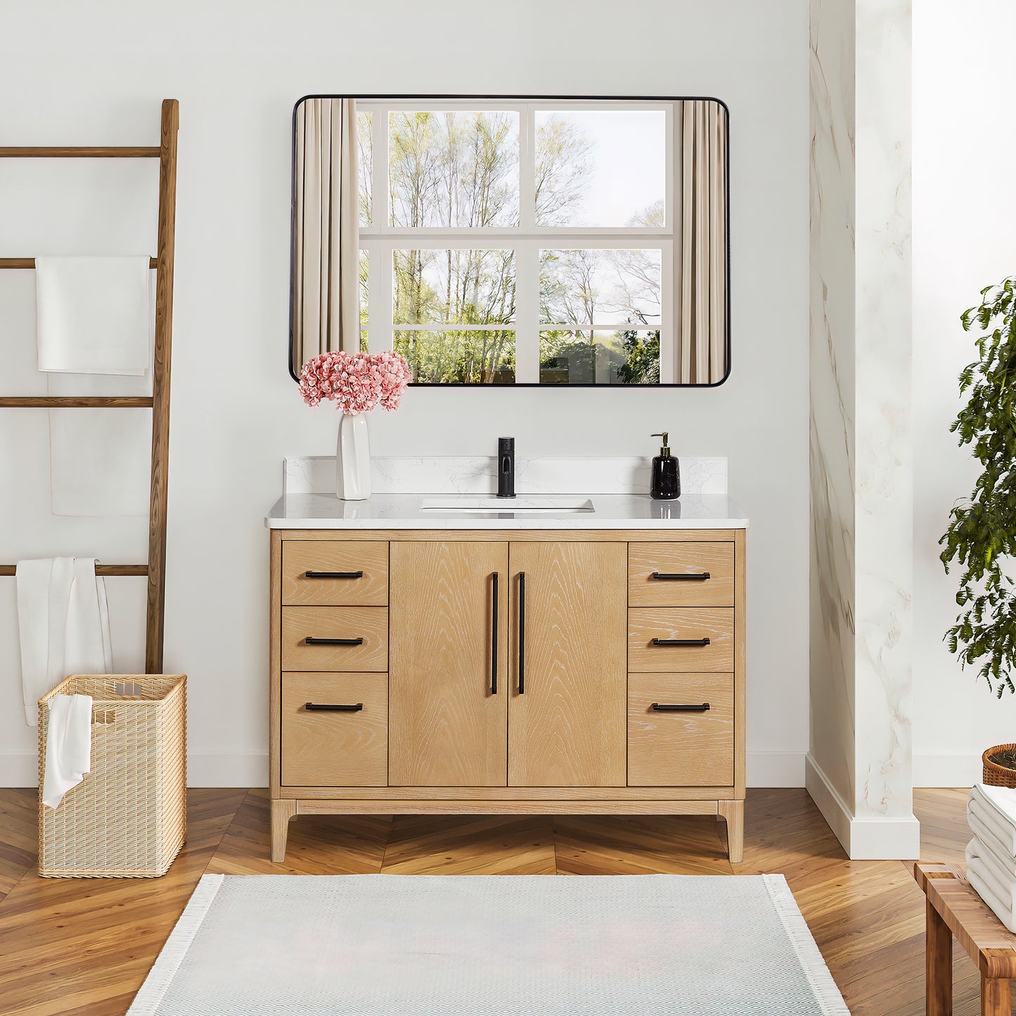 Vinnova, Gara 48" Free-standing Single Bath Vanity in Washed Ash Grey with White Grain Composite Stone Top and Mirror