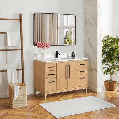 Vinnova, Gara 48" Free-standing Single Bath Vanity in Washed Ash Grey with White Grain Composite Stone Top and Mirror