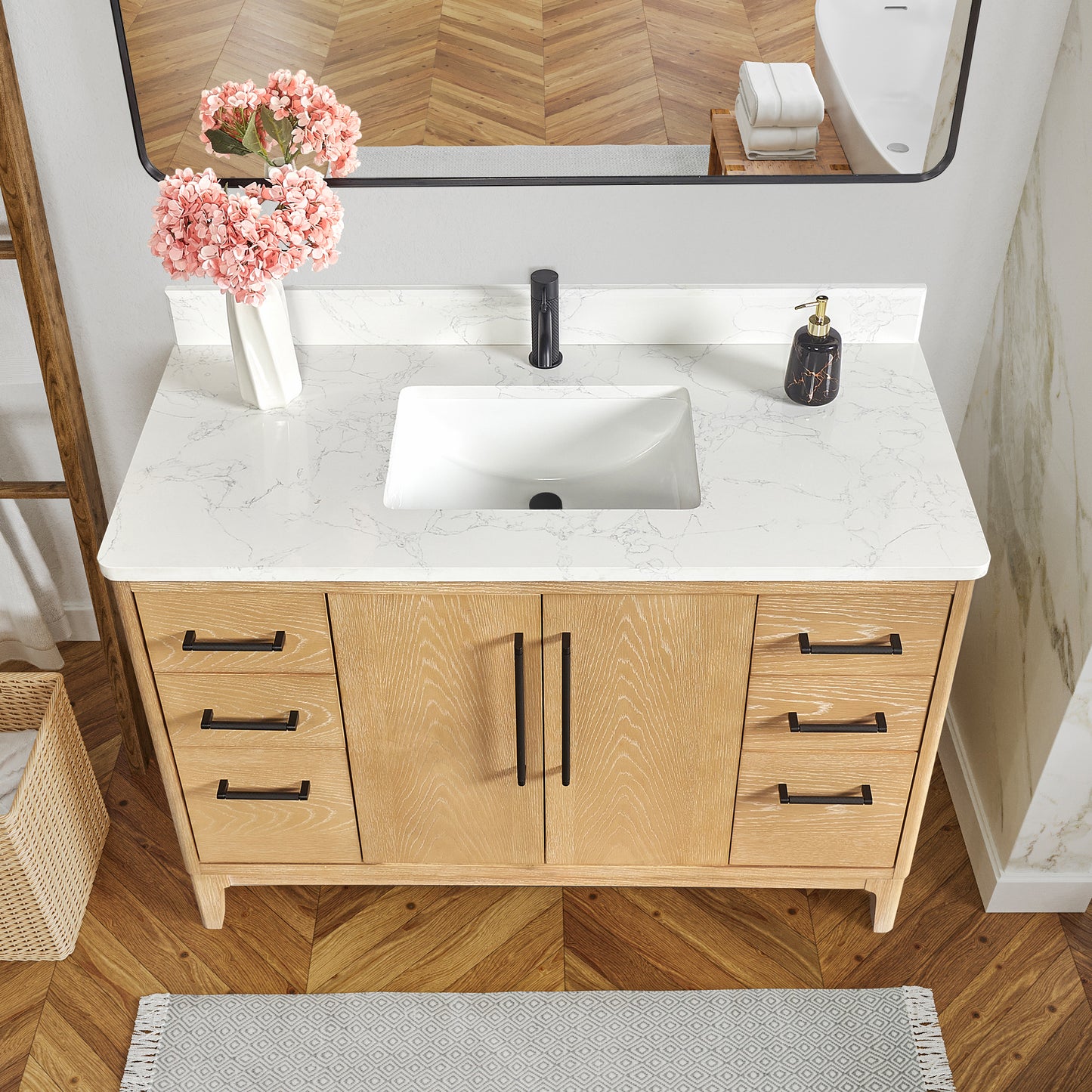 Vinnova, Gara 48" Free-standing Single Bath Vanity in Washed Ash Grey with White Grain Composite Stone Top and Mirror