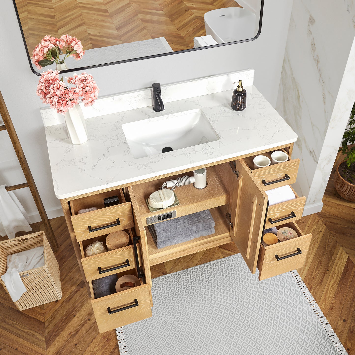 Vinnova, Gara 48" Free-standing Single Bath Vanity in Washed Ash Grey with White Grain Composite Stone Top and Mirror