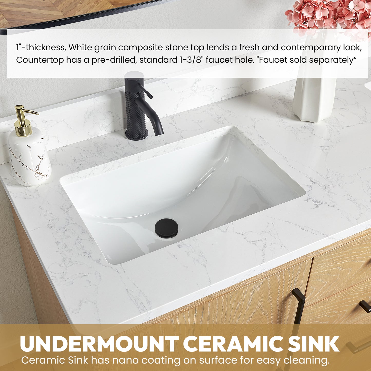 Vinnova, Gara 48" Free-standing Single Bath Vanity in Washed Ash Grey with White Grain Composite Stone Top and Mirror