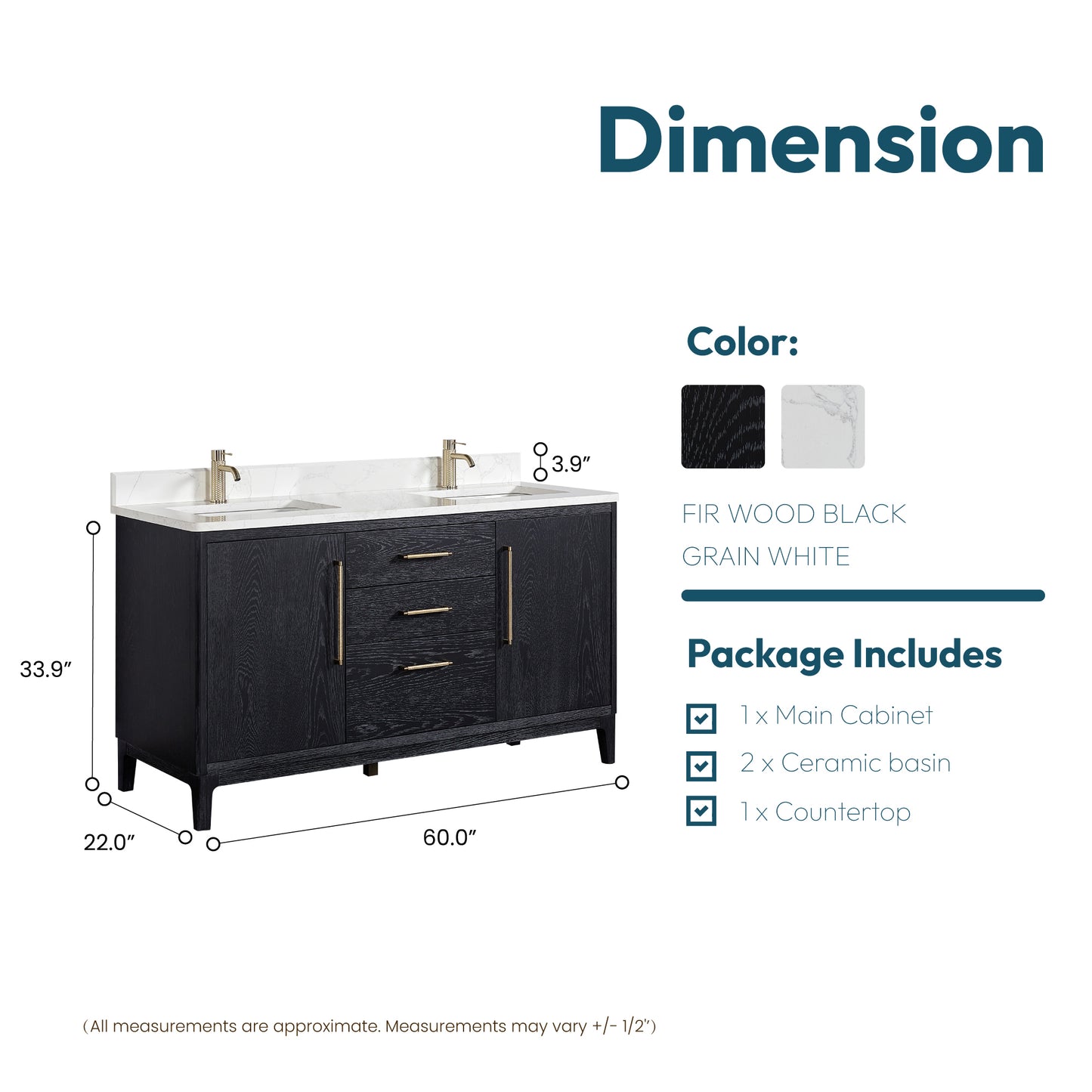 Vinnova, Gara 60M" Free-standing Double Bath Vanity in Fir Wood Black with White Grain Composite Stone Top