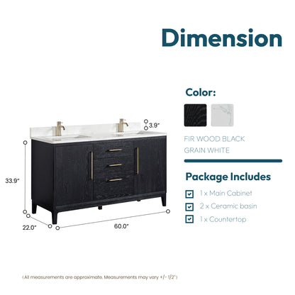 Vinnova, Gara 60M" Free-standing Double Bath Vanity in Fir Wood Black with White Grain Composite Stone Top