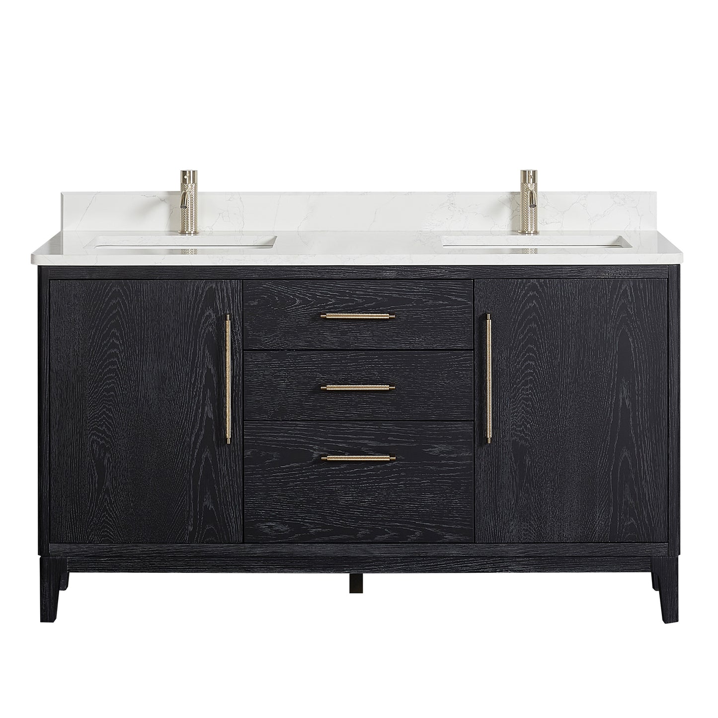Vinnova, Gara 60M" Free-standing Double Bath Vanity in Fir Wood Black with White Grain Composite Stone Top
