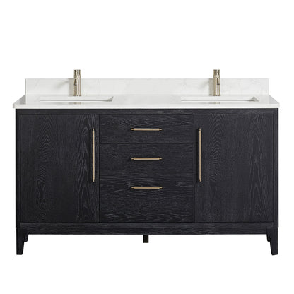 Vinnova, Gara 60M" Free-standing Double Bath Vanity in Fir Wood Black with White Grain Composite Stone Top