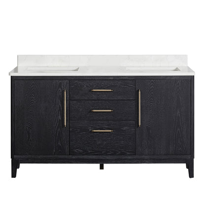 Vinnova, Gara 60M" Free-standing Double Bath Vanity in Fir Wood Black with White Grain Composite Stone Top