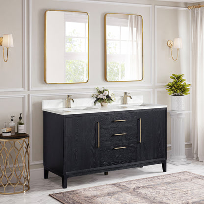 Vinnova, Gara 60M" Free-standing Double Bath Vanity in Fir Wood Black with White Grain Composite Stone Top