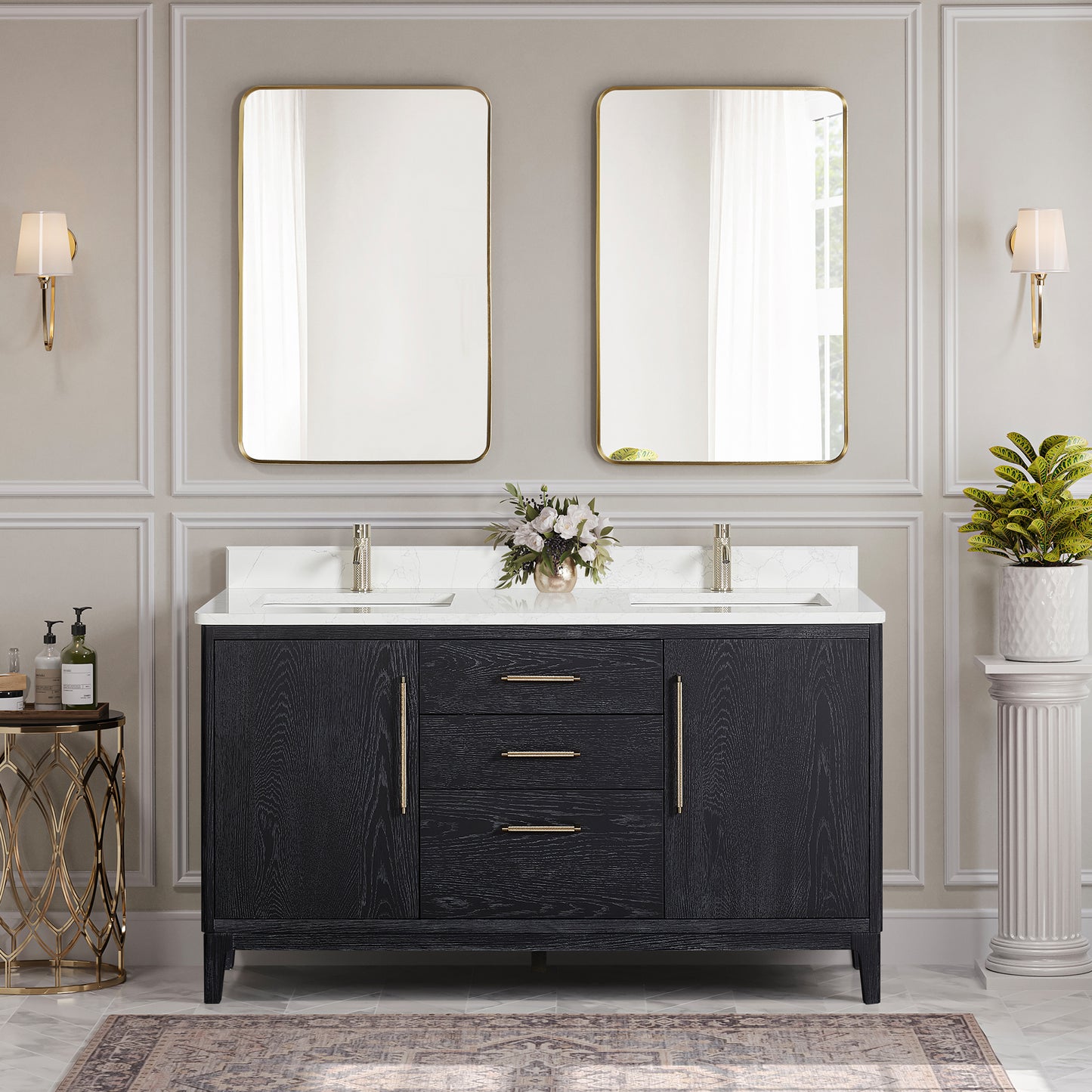 Vinnova, Gara 60M" Free-standing Double Bath Vanity in Fir Wood Black with White Grain Composite Stone Top and Mirror