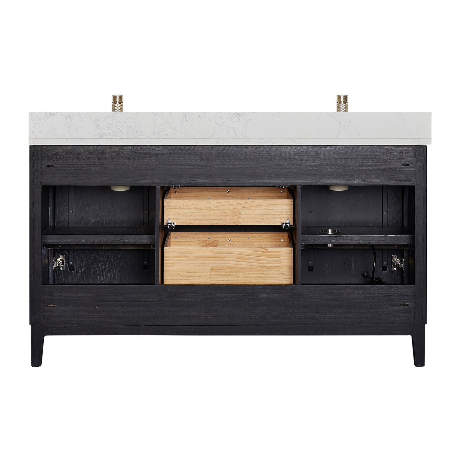 Vinnova, Gara 60M" Free-standing Double Bath Vanity in Fir Wood Black with White Grain Composite Stone Top and Mirror