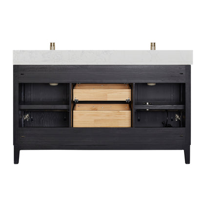 Vinnova, Gara 60M" Free-standing Double Bath Vanity in Fir Wood Black with White Grain Composite Stone Top and Mirror