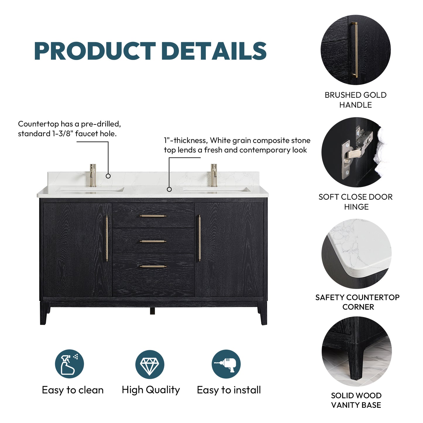 Vinnova, Gara 60M" Free-standing Double Bath Vanity in Fir Wood Black with White Grain Composite Stone Top and Mirror
