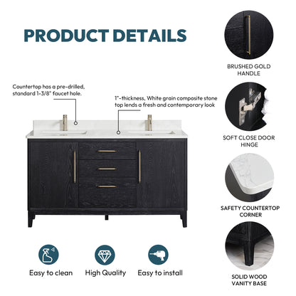 Vinnova, Gara 60M" Free-standing Double Bath Vanity in Fir Wood Black with White Grain Composite Stone Top and Mirror