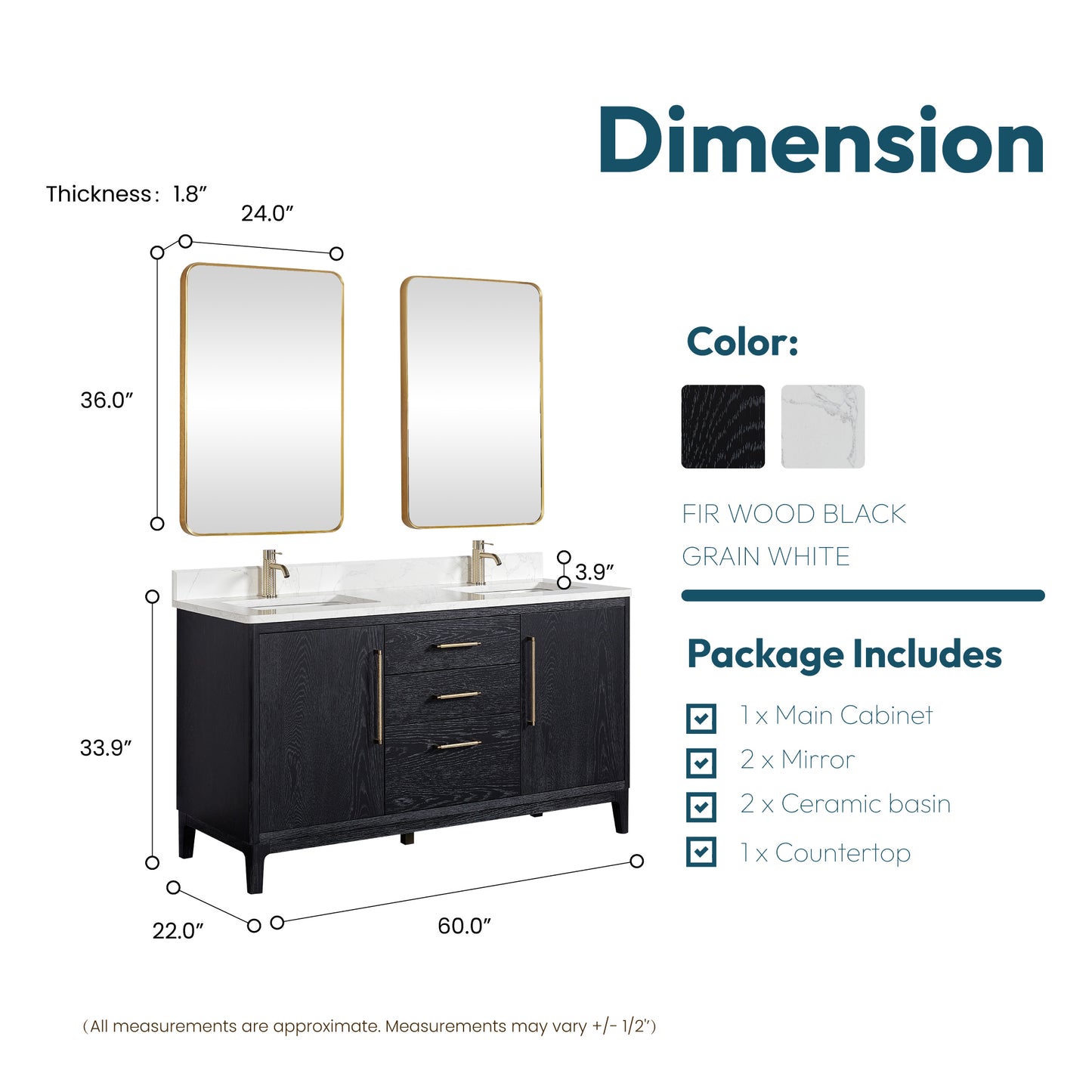 Vinnova, Gara 60M" Free-standing Double Bath Vanity in Fir Wood Black with White Grain Composite Stone Top and Mirror