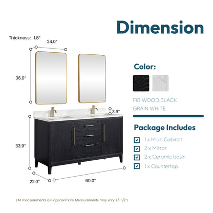 Vinnova, Gara 60M" Free-standing Double Bath Vanity in Fir Wood Black with White Grain Composite Stone Top and Mirror