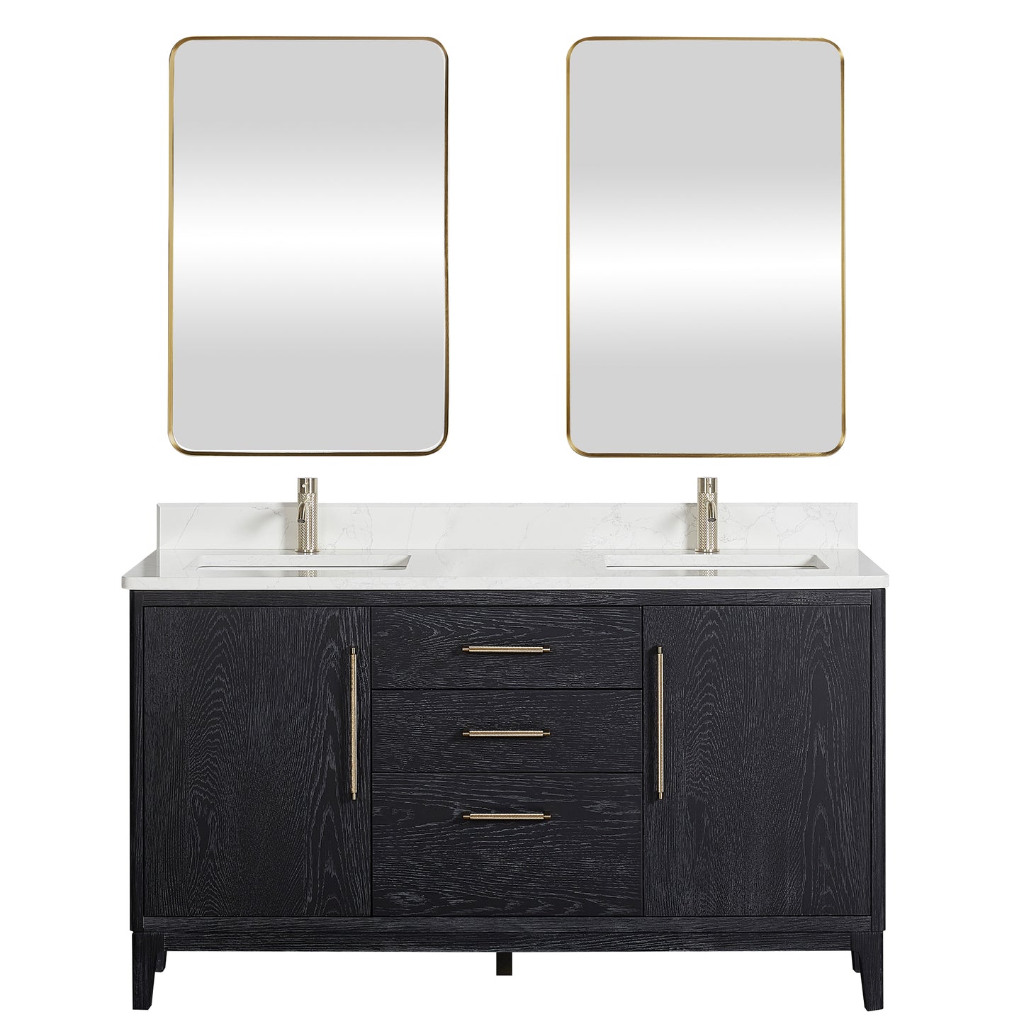 Vinnova, Gara 60M" Free-standing Double Bath Vanity in Fir Wood Black with White Grain Composite Stone Top and Mirror