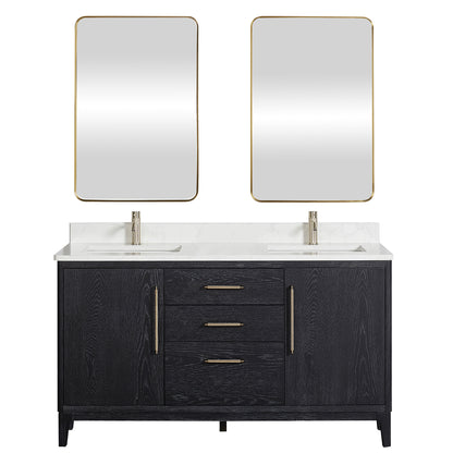 Vinnova, Gara 60M" Free-standing Double Bath Vanity in Fir Wood Black with White Grain Composite Stone Top and Mirror
