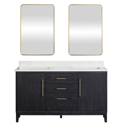 Vinnova, Gara 60M" Free-standing Double Bath Vanity in Fir Wood Black with White Grain Composite Stone Top and Mirror