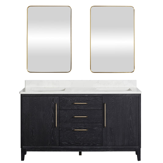 Vinnova, Gara 60M" Free-standing Double Bath Vanity in Fir Wood Black with White Grain Composite Stone Top and Mirror