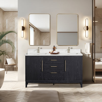 Vinnova, Gara 60M" Free-standing Double Bath Vanity in Fir Wood Black with White Grain Composite Stone Top and Mirror