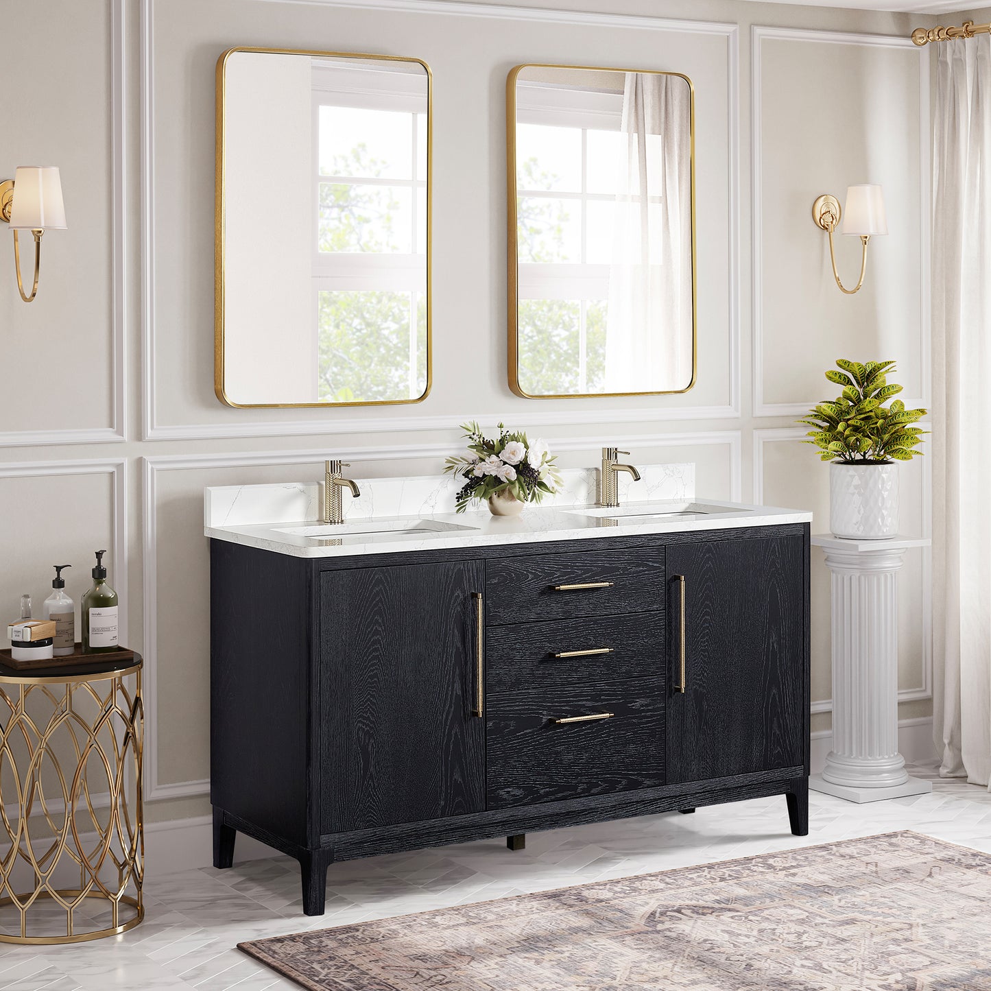 Vinnova, Gara 60M" Free-standing Double Bath Vanity in Fir Wood Black with White Grain Composite Stone Top and Mirror