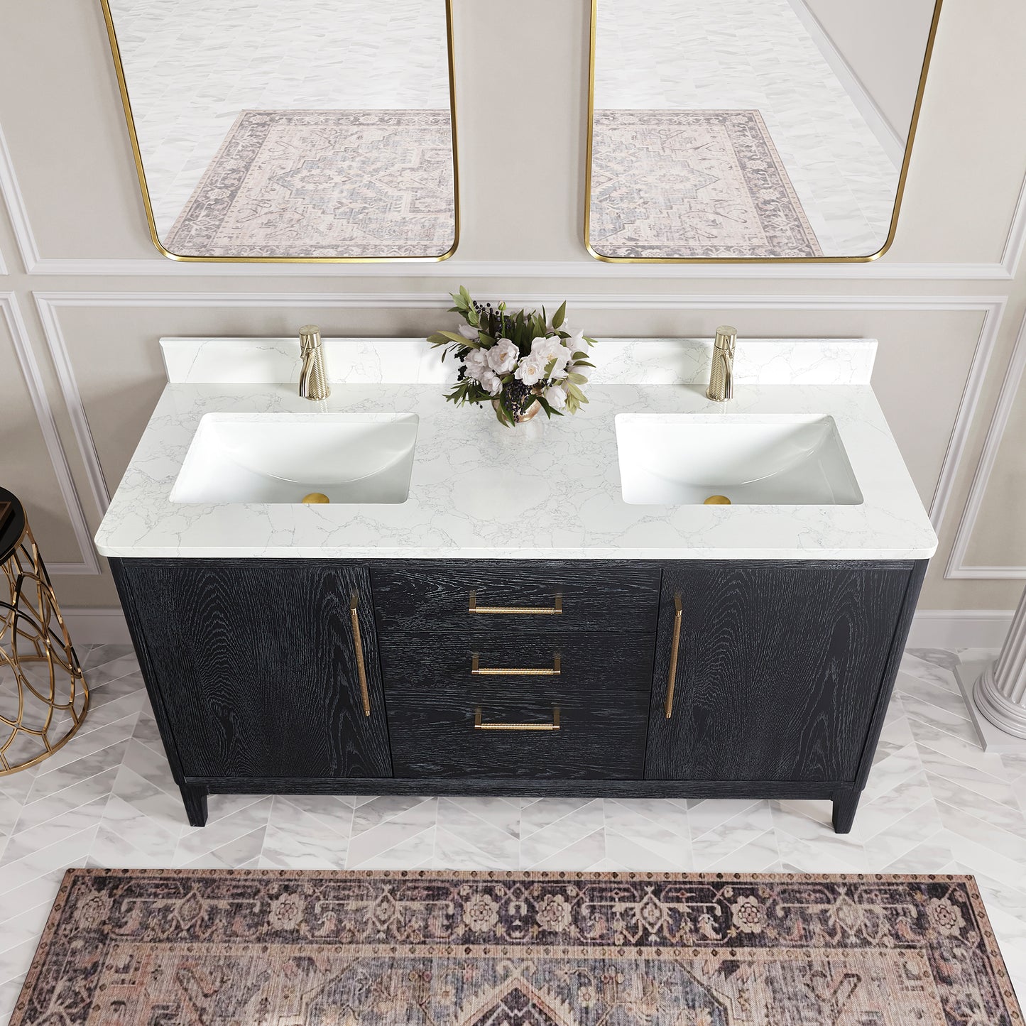 Vinnova, Gara 60M" Free-standing Double Bath Vanity in Fir Wood Black with White Grain Composite Stone Top and Mirror