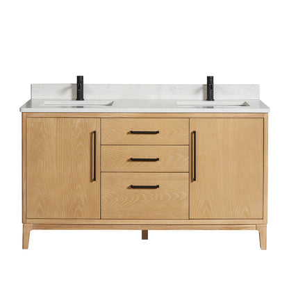 Vinnova, Gara 60M" Free-standing Double Bath Vanity in Washed Ash Grey with White Grain Composite Stone Top