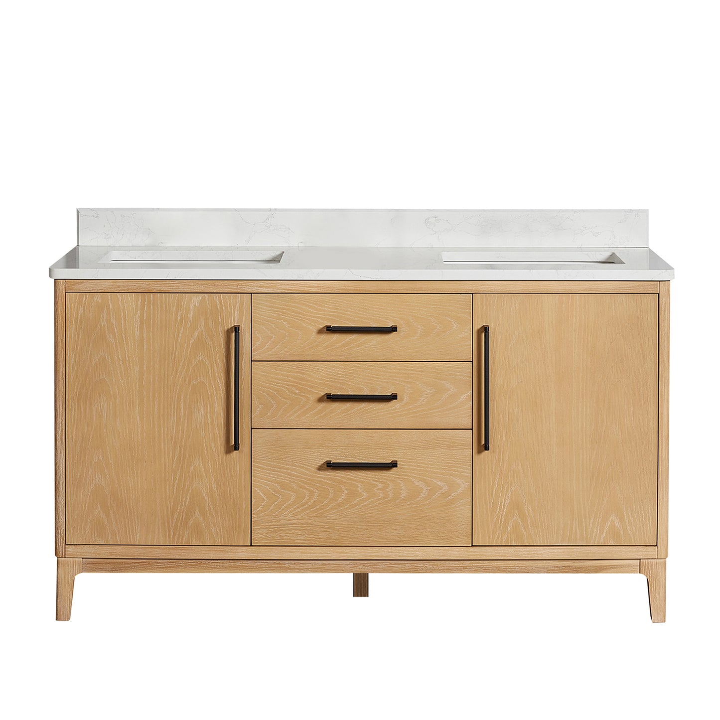 Vinnova, Gara 60M" Free-standing Double Bath Vanity in Washed Ash Grey with White Grain Composite Stone Top
