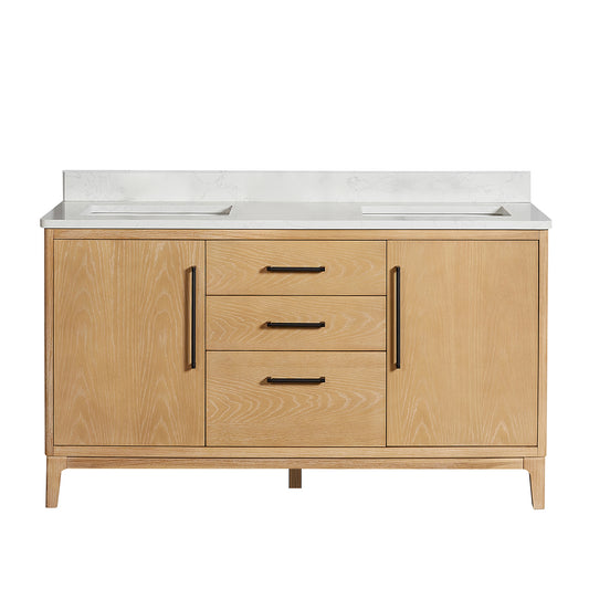 Vinnova, Gara 60M" Free-standing Double Bath Vanity in Washed Ash Grey with White Grain Composite Stone Top